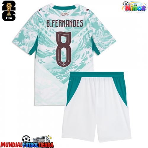 Camiseta Portugal Bruno Fernandes #8 Segunda Equipación Replica Mundial 2026 para niños mangas cortas (+ Pantalones cortos)